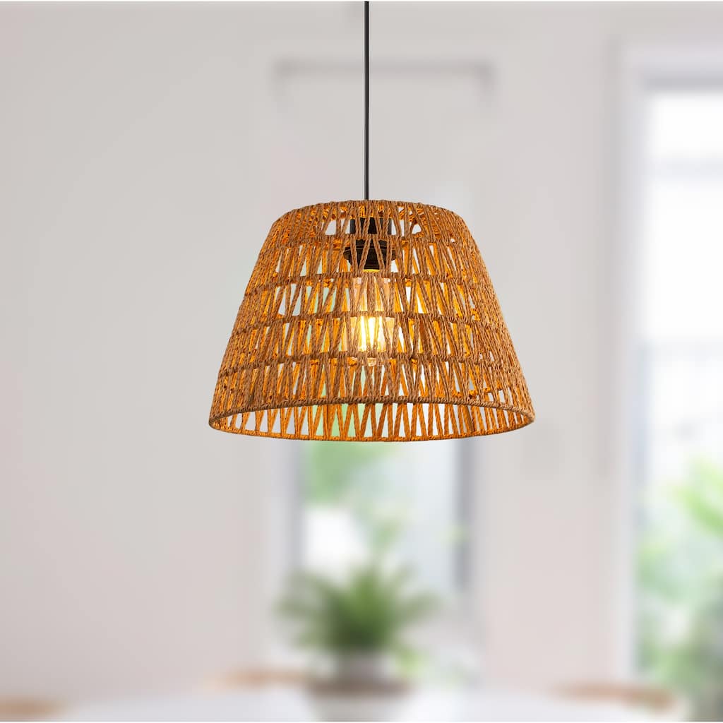 YANSUN BOHO Style Single-Light Paper Rope Woven Pendant Light, E26 Socket for Unique Home Décor - Brown - 13.8*13.8*8.7