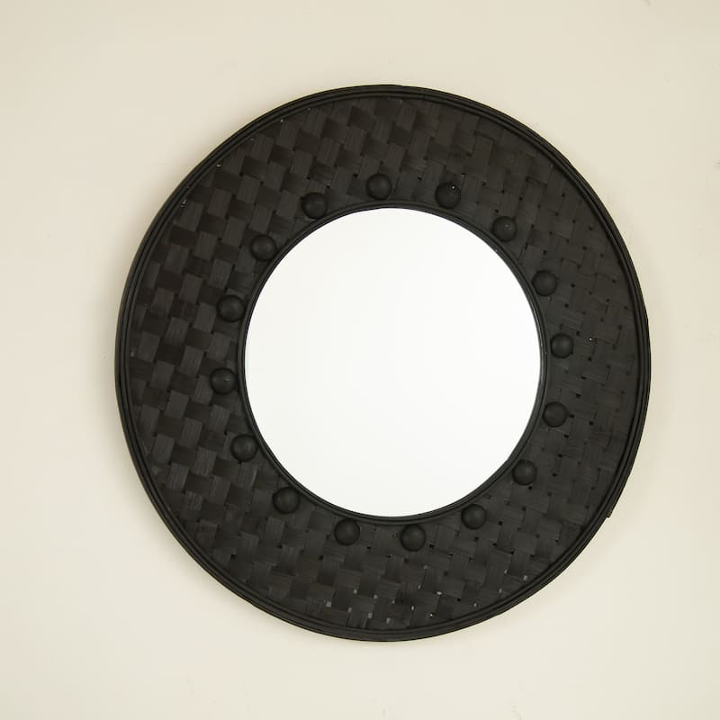 GDFStudio - Aura Natural-Log Style 24" Handwoven Bamboo Artistry Round Wall Mirror for Decoration - Black,Silver