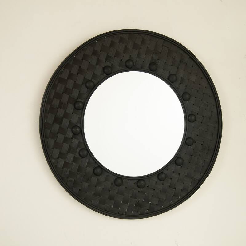 Solea Hand-Woven Black Bamboo Circle Mirror - Wall-Hanging, Bathroom, Bedroom - Black,Silver