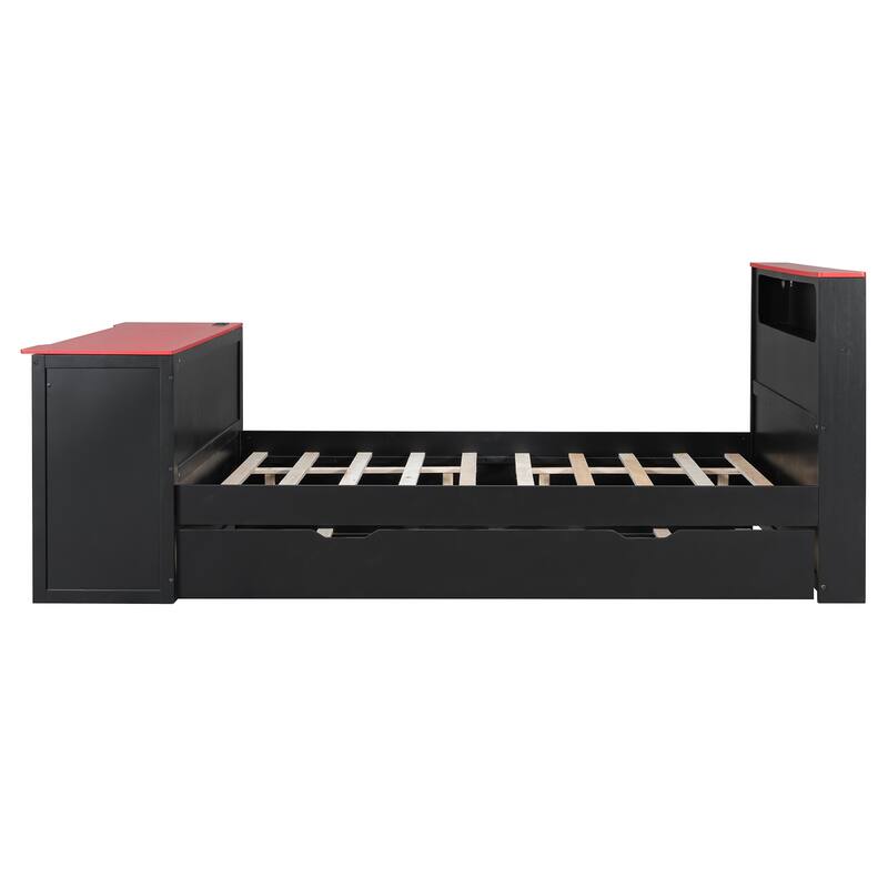 Wood Daybed with Trundle & Built-in Desk, LED Lights & USB Charging Port, Available in Full or Twin