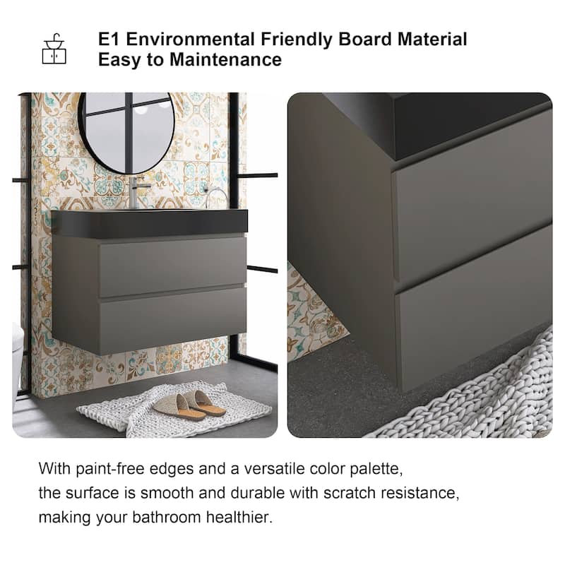 Floating Bathroom Vanity with Black Solid Surface Top