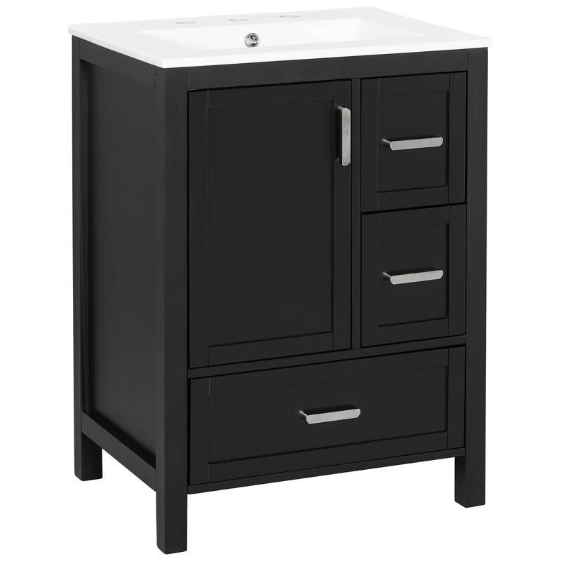 Modern 24" Bathroom Vanity with Ceramic Sink - Soft-Close Door with Double Shelf, 3 Drawers,for Small Spaces