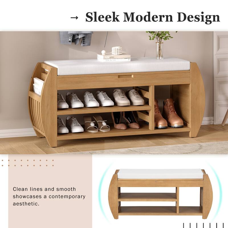 Shoe Bench 2-Tier Storage Bench with Cushion & Curved Side Holder, Wooden Panel Shoe Rack Organizer for Entryway, Living Room - Natural