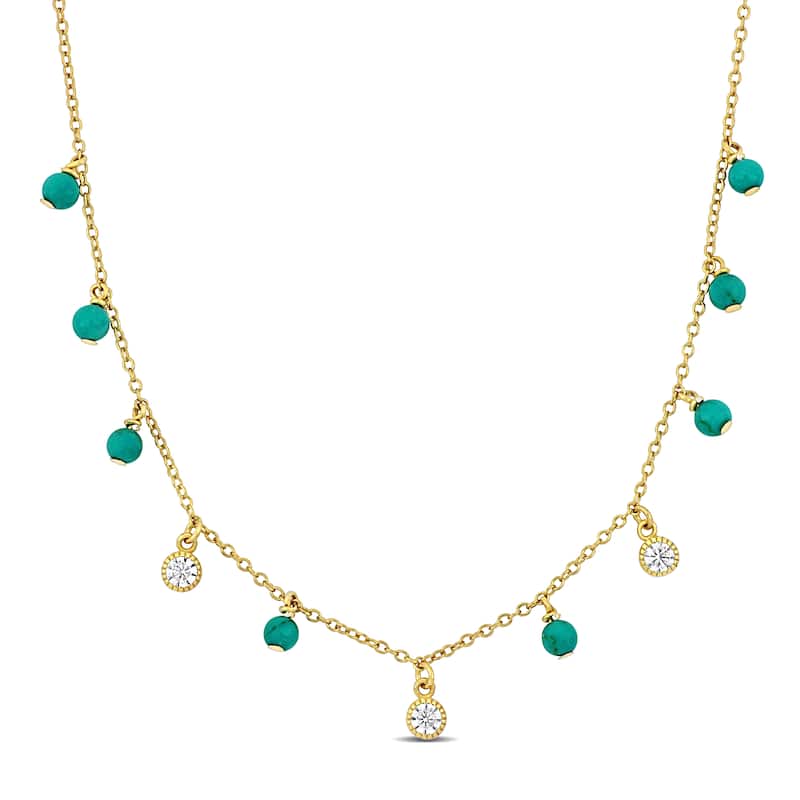 Miadora Cubic Zirconia and Turquoise Beads Station Necklace in Yellow Silver - 18 in x 7.5 mm x 2 mm