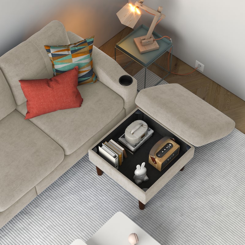 L-shaped Sectional Sofa with Storage Ottoman, Built-in USB Ports, Cup Holders and Side Pockets, 3 Seater Combination Couch