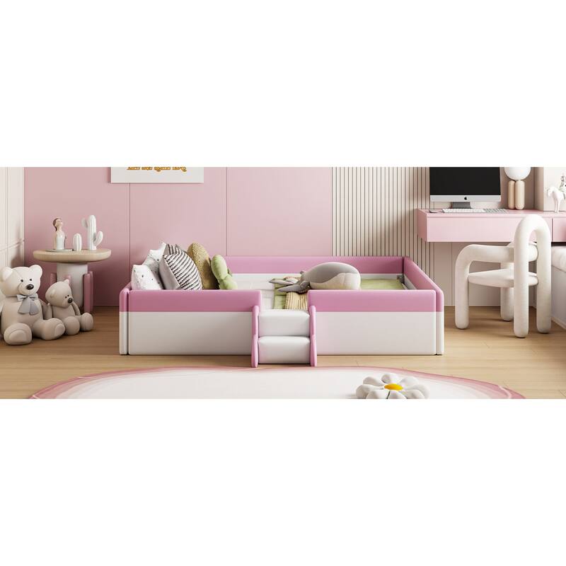 Roomfitters Twin/Full/Queen/King Size Upholstered Daybed Frame with Safety Fence and Stairs, PU Fabric Platform Bed with Slats