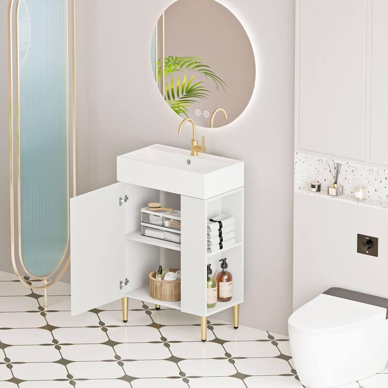 Compact White Bathroom Vanity with Ceramic Sink, Soft-Closing Cabinet, and Brushed Copper Accents for Small Spaces