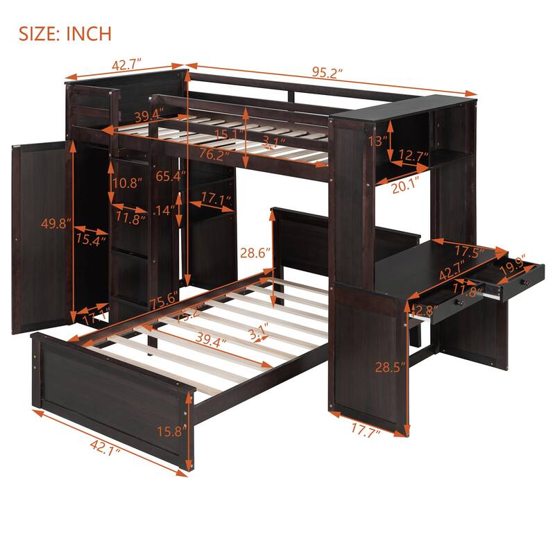 Twin/Full Loft Bed with Stand-Alone Bed, Desk, Shelves & Wardrobe, Wooden Frame with Storage and Guardrail