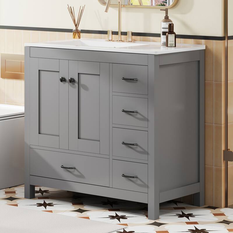 36" Vanity Set – Ceramic Sink, Soft-Close Doors & 5 Drawers‌