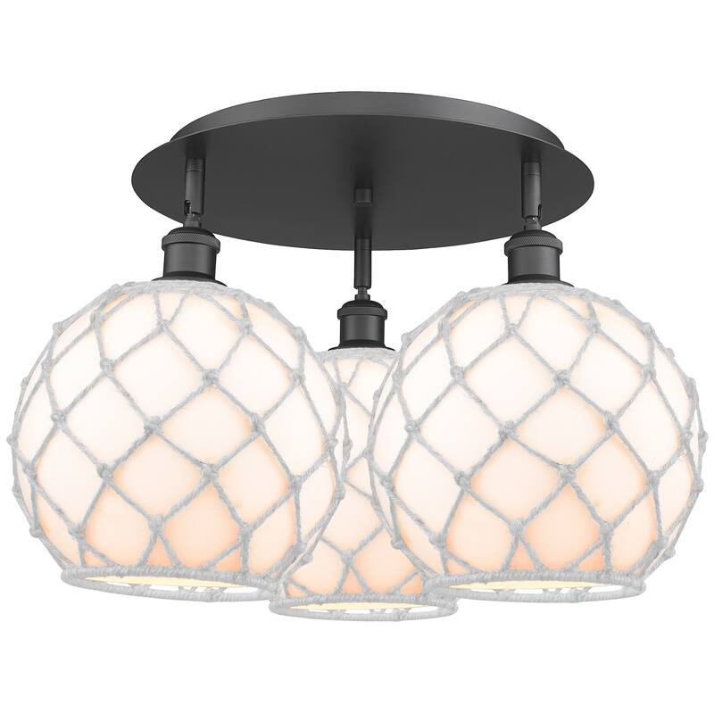 Innovations Lighting 516-3C-14-22 Farmhouse Rope Semi-Flush Farmhouse - Matte Black / White Glass with White Rope