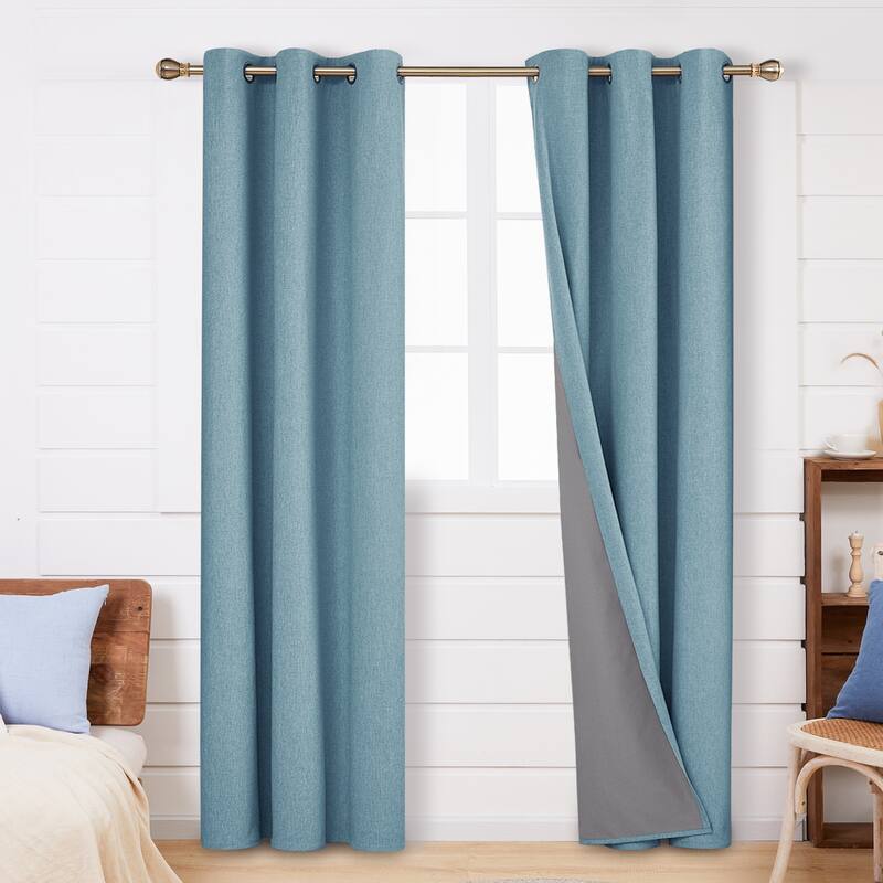 Deconovo Faux Linen Total Blackout with Coating Curtains (2 Panel) - 42W x 84L - Teal