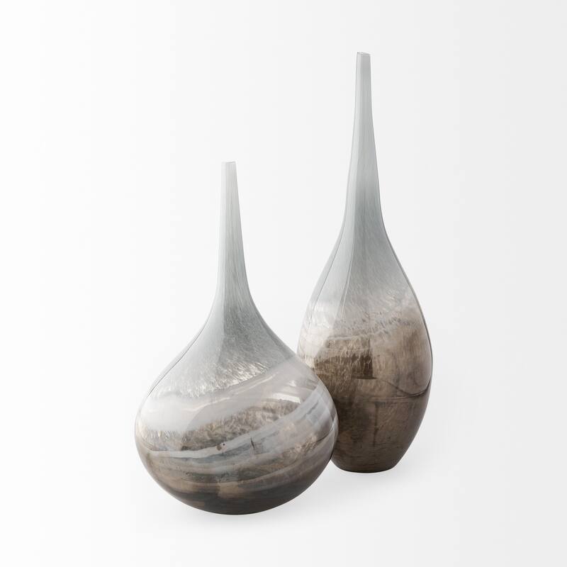 HomeRoots 17" Blue Gray and Taupe Handblown Spun Glass Vase