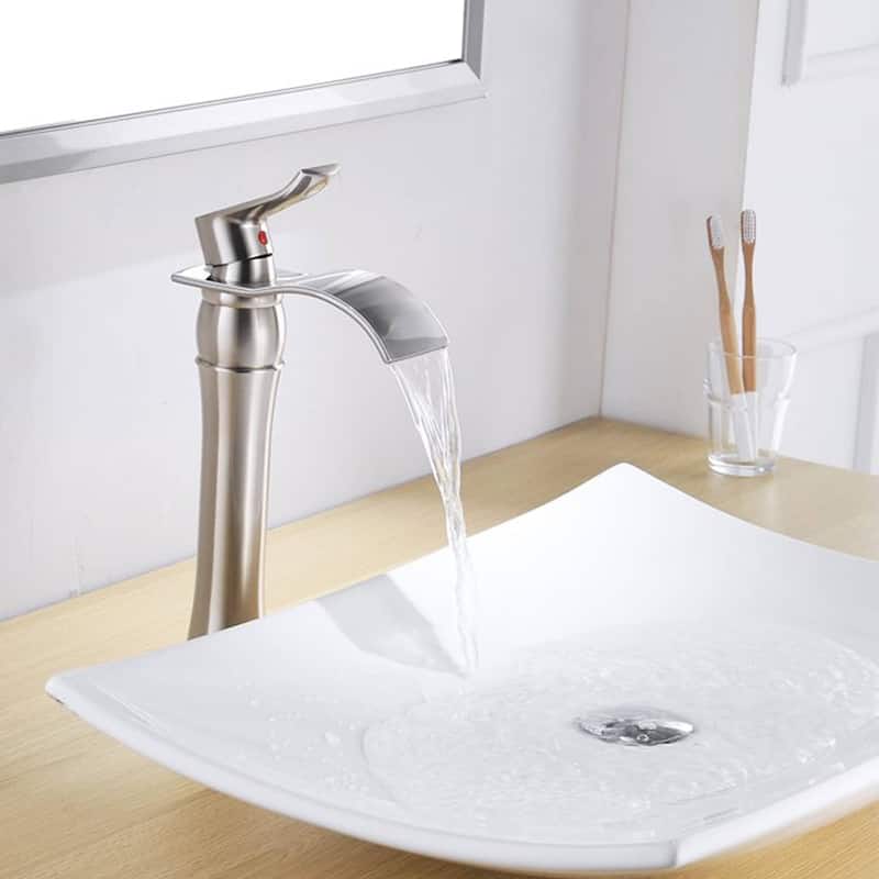Waterfall Bathroom Vessel Faucet With Drain Assembly Single Handle Bathroom Vessel Sink Faucets One Hole Basin Vanity High Taps - Brushed Nickel