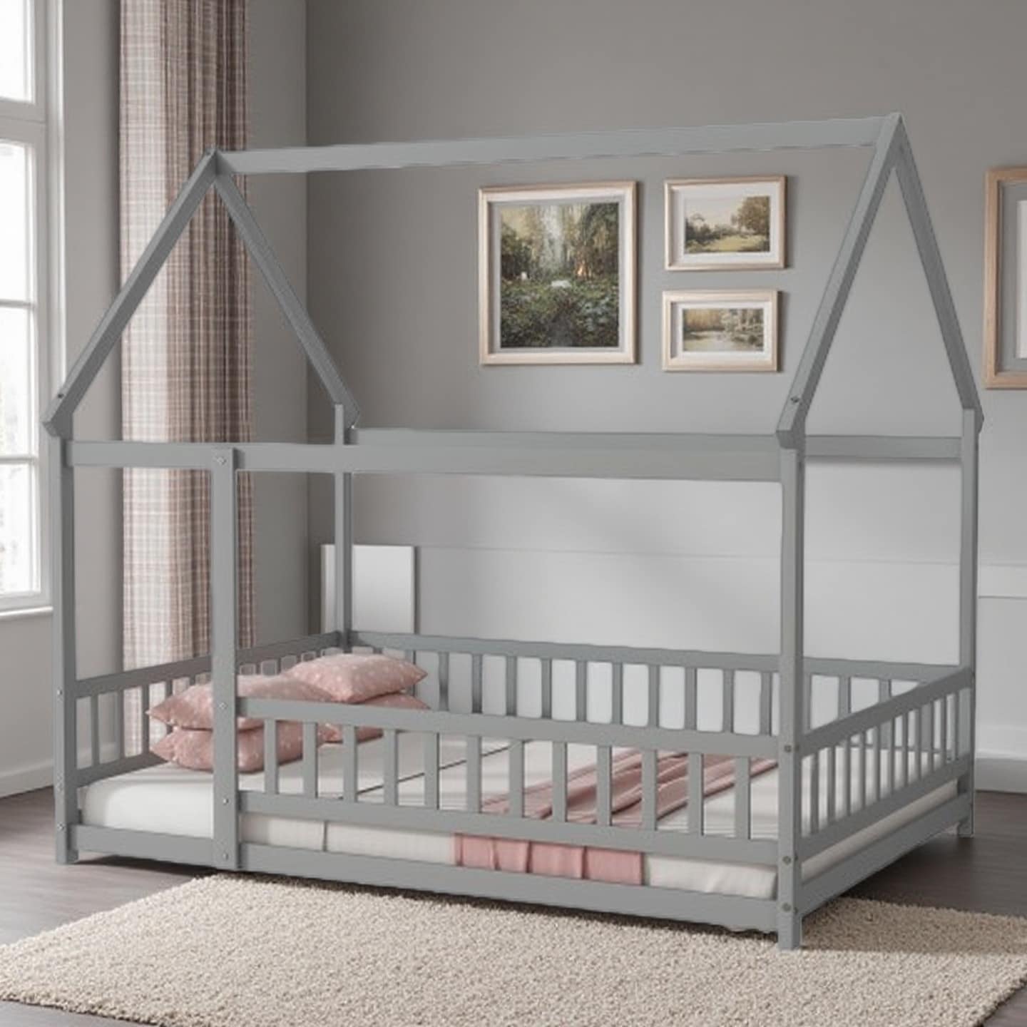 Full-Size Wooden Floor Bed with House-Shaped Roof, Safety Guardrails