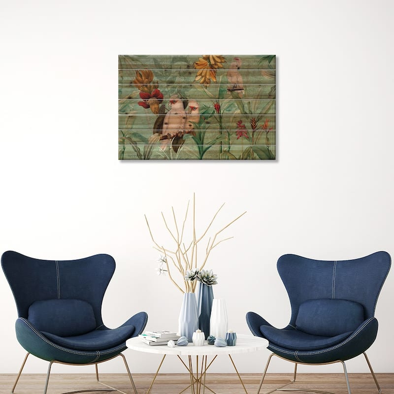 Parrots And Bananas Print On Wood by UtArt - Multi-Color