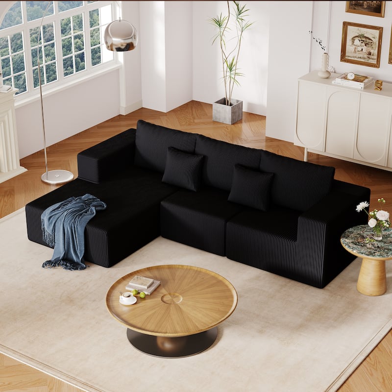 Living Room Modular Black Corduroy L-shaped Sectional Sofa with Chaise - Black
