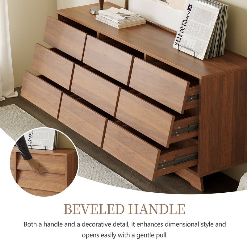 59" Mid Century Modern Sideboard Buffet Cabinet, Brown Wood Storage Cabinet with 9 Drawers for Living Room, Dining Room