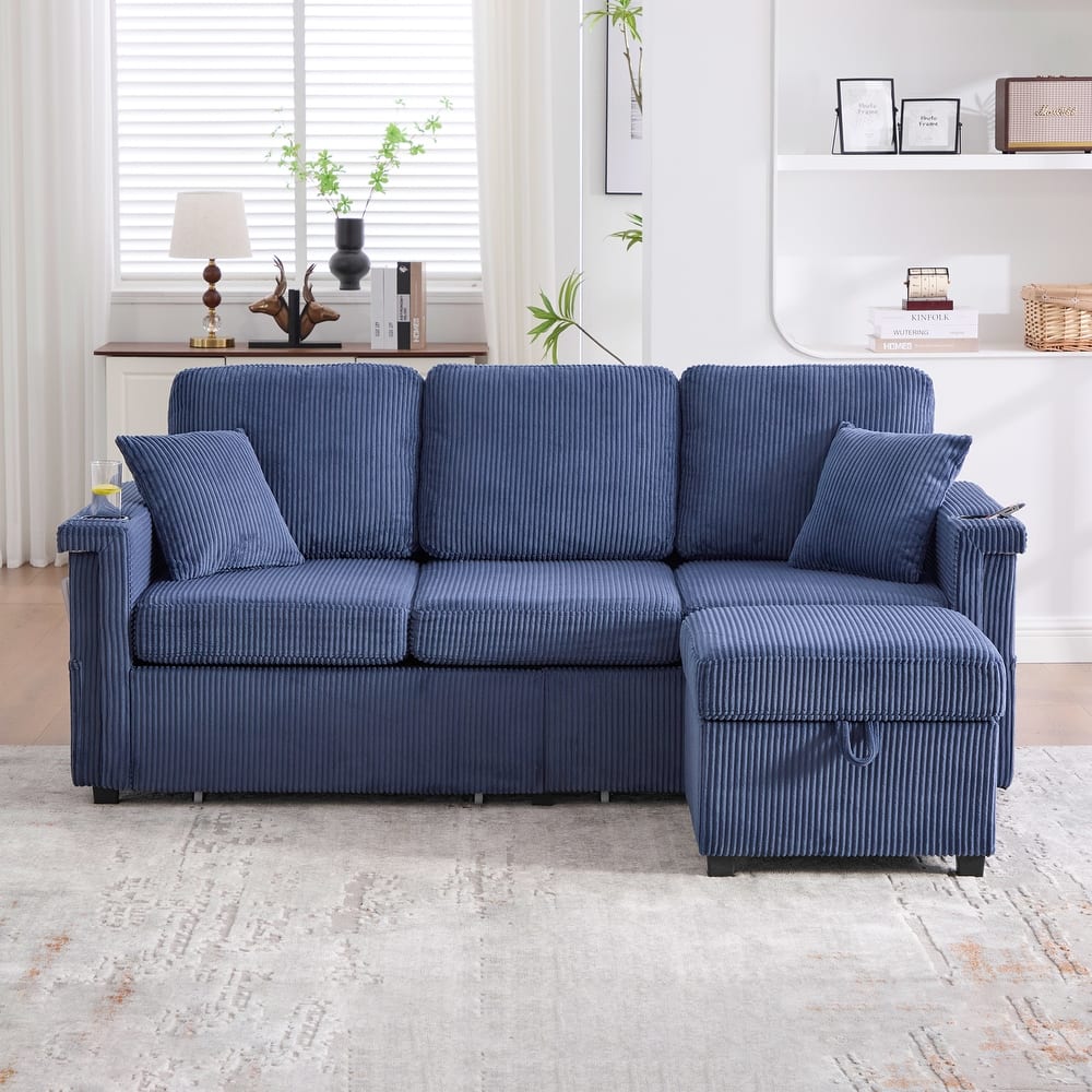 Corduroy L-shape Chaise Sectional Sofa with Storage Ottoman, Drawers, USB/Type-C Ports, Cup Holders, Light Strip and Side Pocket