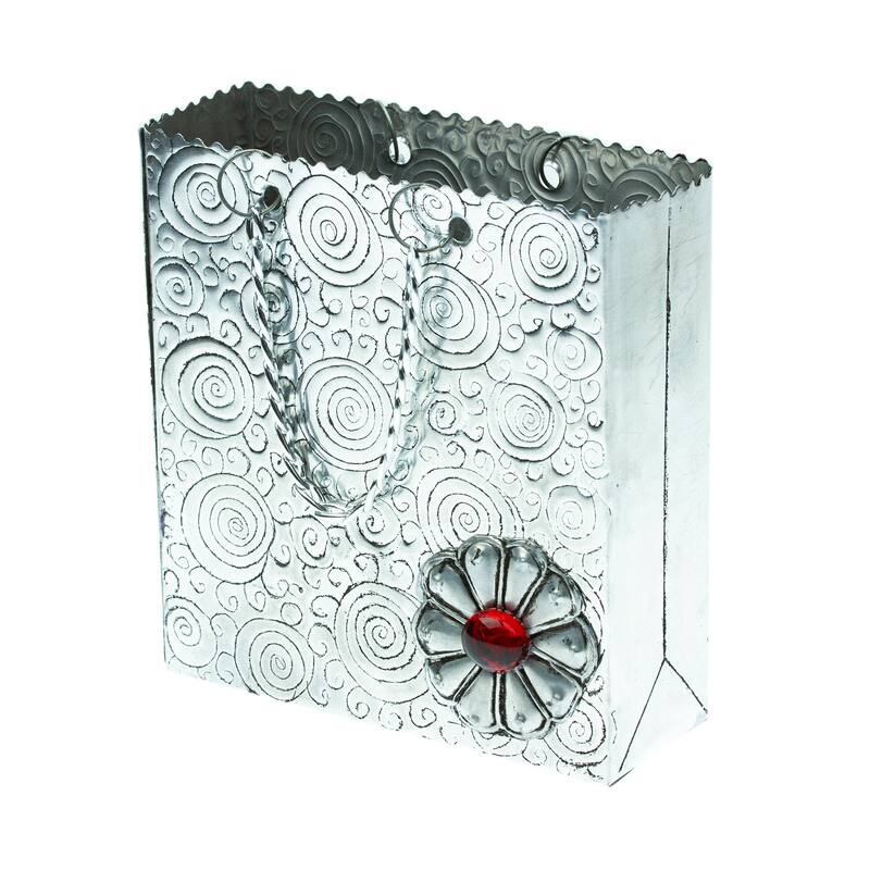 Novica Handmade Metallic Flower In Red Aluminum Engraved Decorative Bag