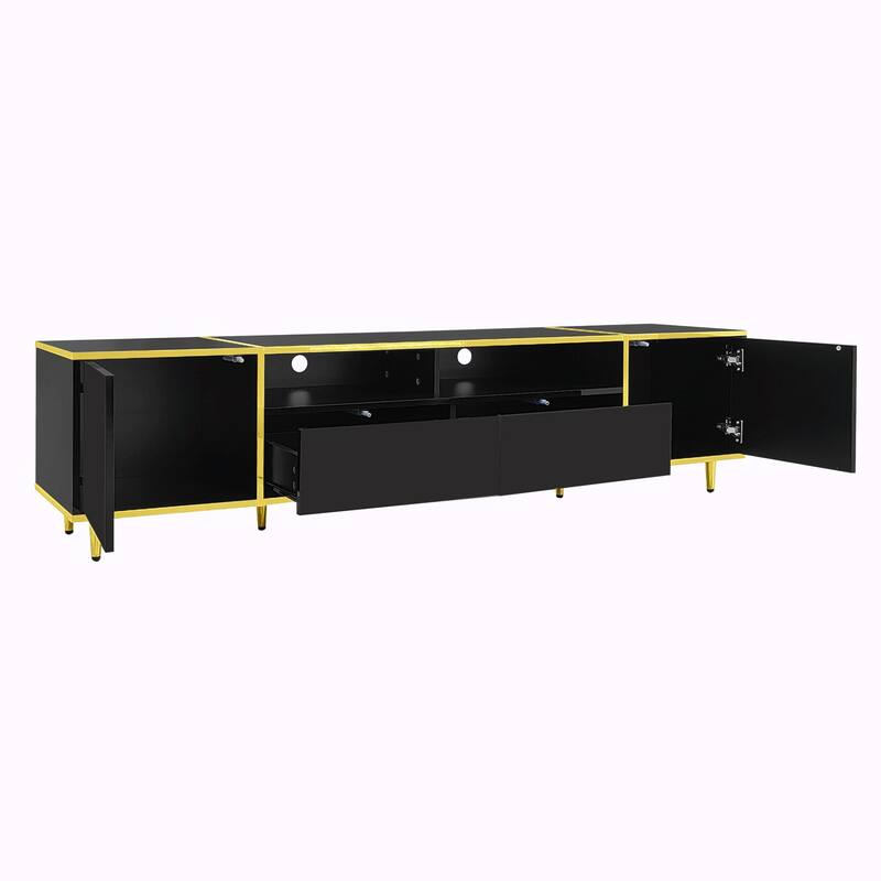 70.9'' Modern Entertainment Center, LED Lights, 2 Shelves, 2 Drawers & Metal Legs
