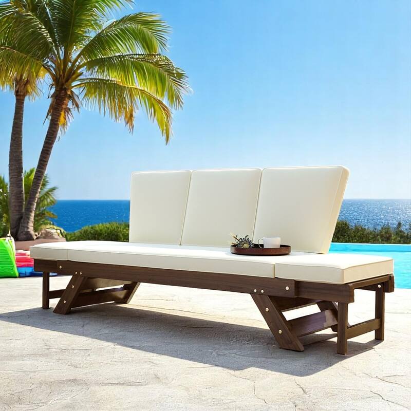 Outdoor Expandable Acacia Wood Daybed with Adjustable Sides,Cushions and Pillows, 3-Position Patio Sofa Lounge - Solid Wood