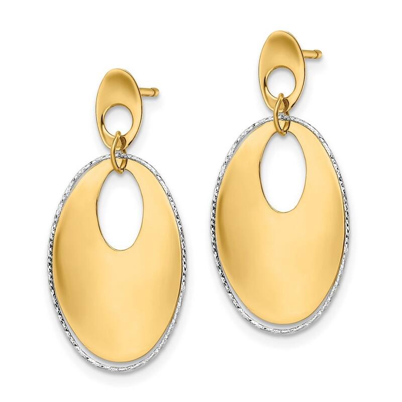 Curata 14k Two tone Gold Polished Textured Flat Oval Post Dangle Earrings 29mm