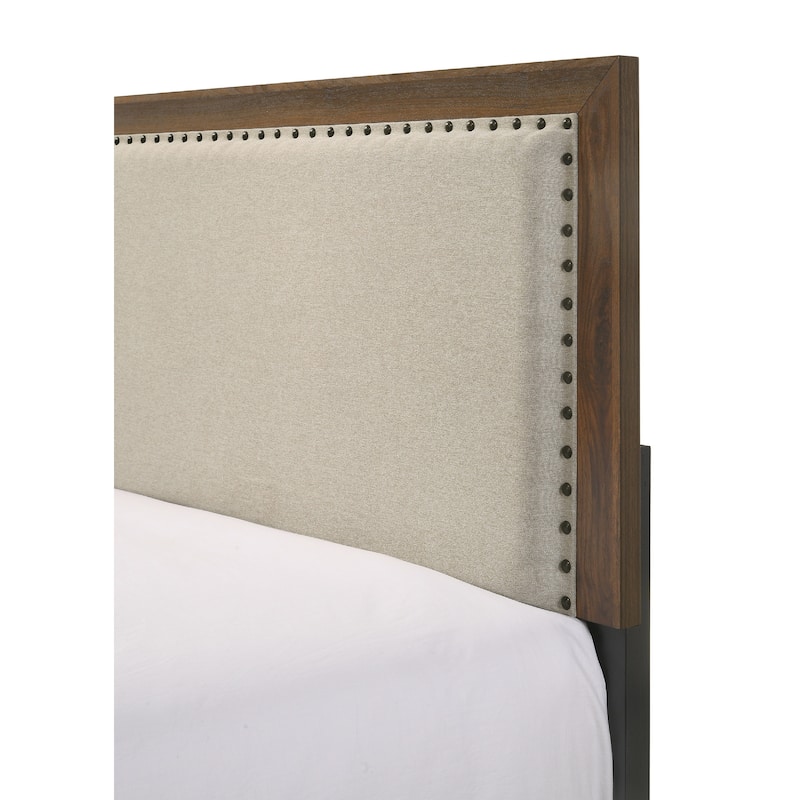 Full Size Wood Panel Bed with Upholstered Headboard and Nailhead Trim