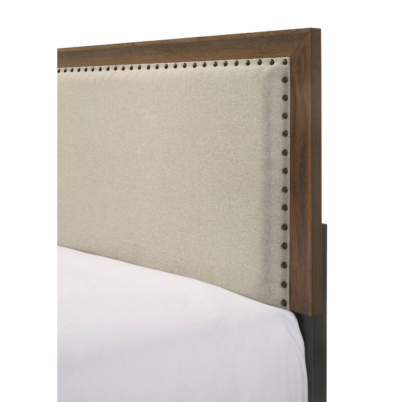 Queen Size Upholstered Headboard Panel Bed with Tufted Nailhead Trim, Brown Cherry Finish