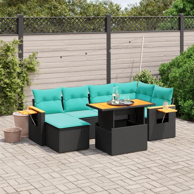 vidaXL Patio Sofa Set with Cushions Outdoor Furniture 7 Piece Poly Rattan - Black-without storage - 21.7 x 24.4 x 27.2