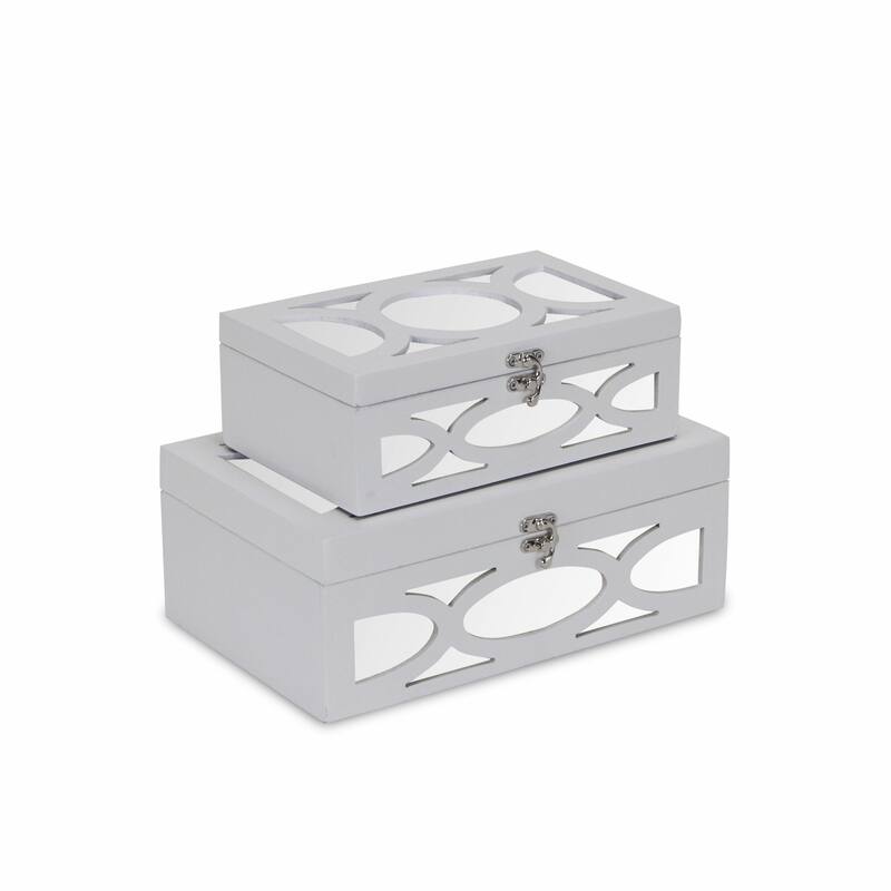 HomeRoots Set of Two White Mirrored Glass And Wood Box With Lid - White