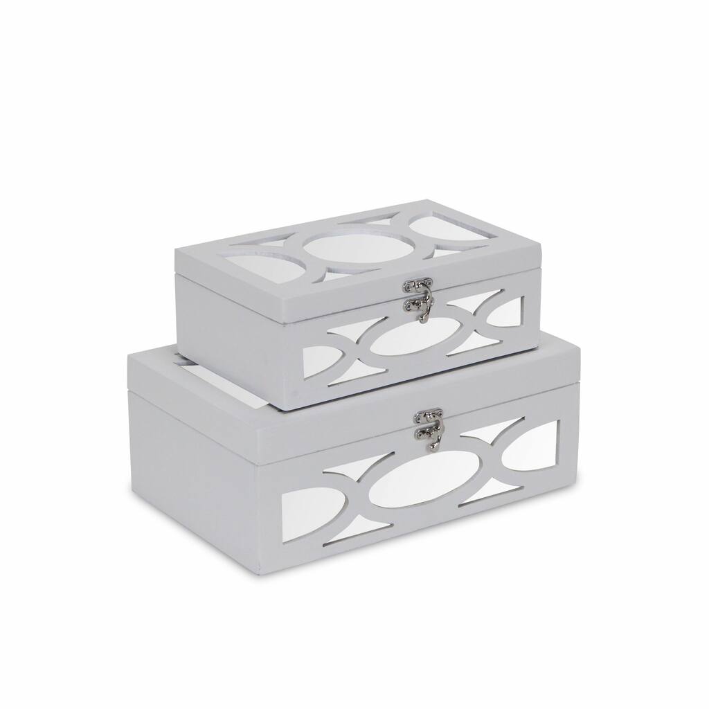 HomeRoots Set of Two White Mirrored Glass And Wood Box With Lid