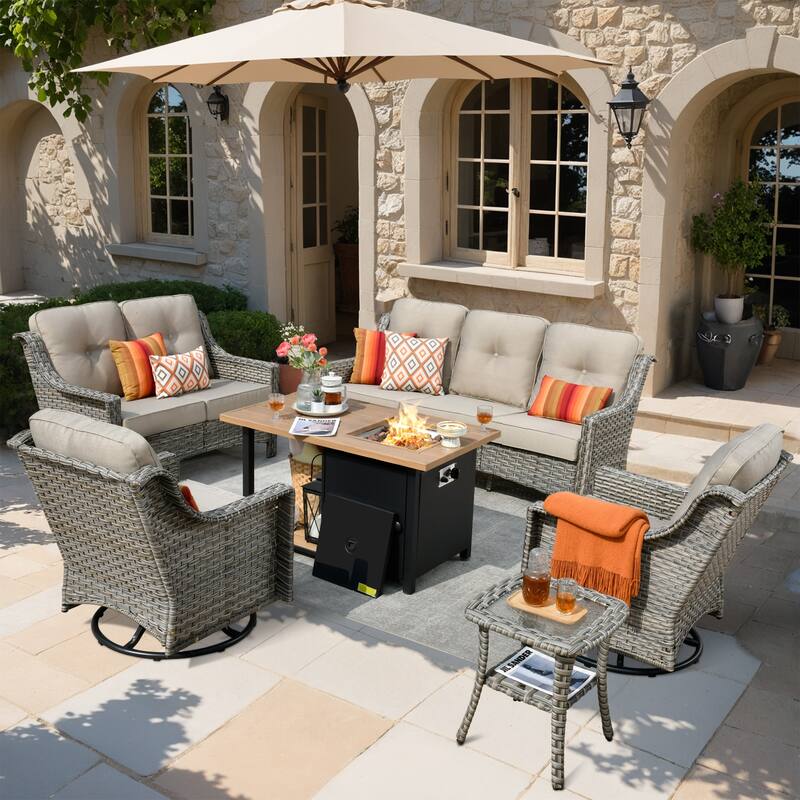 XIZZI 6-piece Outdoor High-back Furniture Swivel Chair Set with Fire Pit - Beige