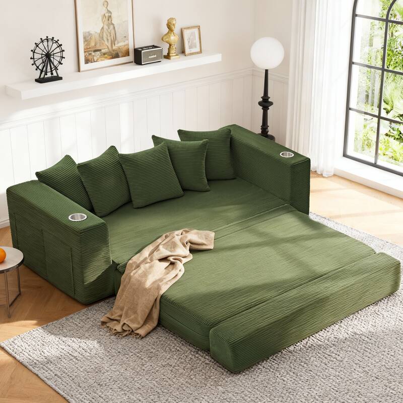 Convertible Sofa Bed, 76" Boneless Loveseat Couch 2 in 1 Foldable Floor Sofa Couch with 2 Cup Holders, Folding Sleeper Chair - Green