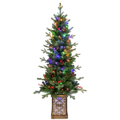 4FT Pre-Lit Green Christmas Tree with Glitter Base-100 Multicolor LED Lights,396 Tips,Berries & Pine Cones,PE/PVC Full Branches