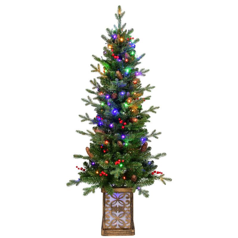 4ft Pre-Lit Green Christmas Tree With Glitter Base-100 Multicolor Led Lights,396 Tips,Red Berries & Pine Coness - 4 Foot