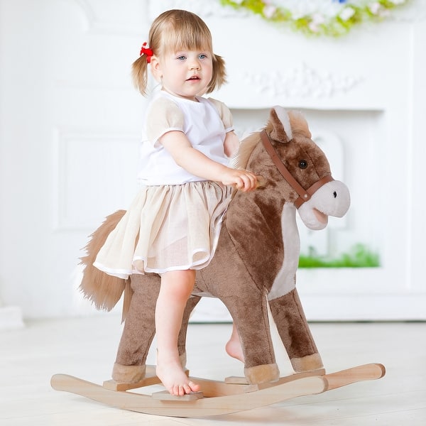 slide 2 of 9, Qaba Kids Rocking Horse, Ride on Horse for Toddlers with Soft Plush Body, Wooden Base & Handle Grip for 3+ Year Old Brown