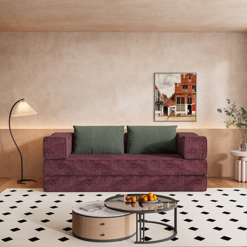 80" Convertible Sofa Bed with 2 Pillows, 2-Seat Folding Floor Couch, Multifunctional Chenille Loveseat Living Room Sleeper Sofa