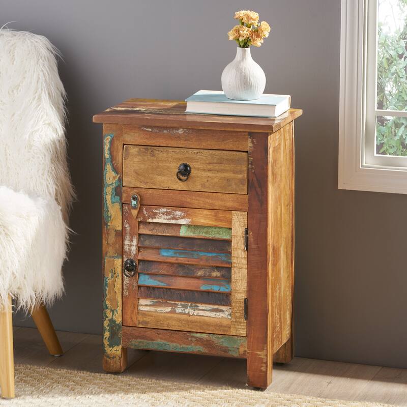 Roomfitters Handcrafted Side Table with Drawer and Cabinet, Recycled Wood with Boho Finish, Natural