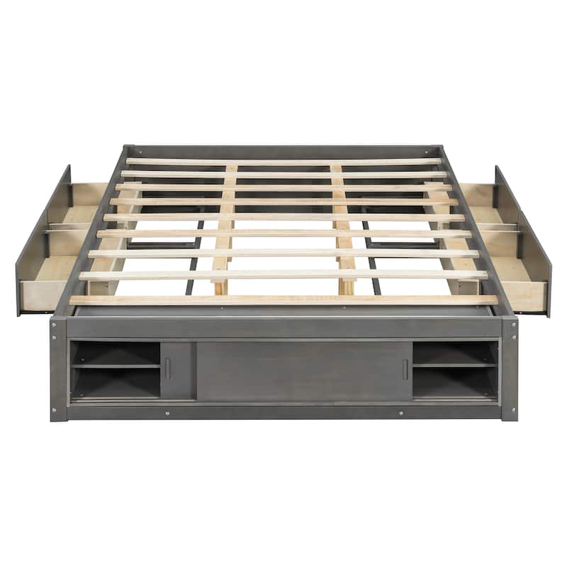 Queen Size Platform Bed Frame with 4 Storage Drawers & Footboard Cubby, No Headboard Design