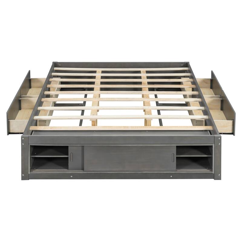 Queen Size Platform Bed Open Frame with Footboard Storage and 4 Drawers