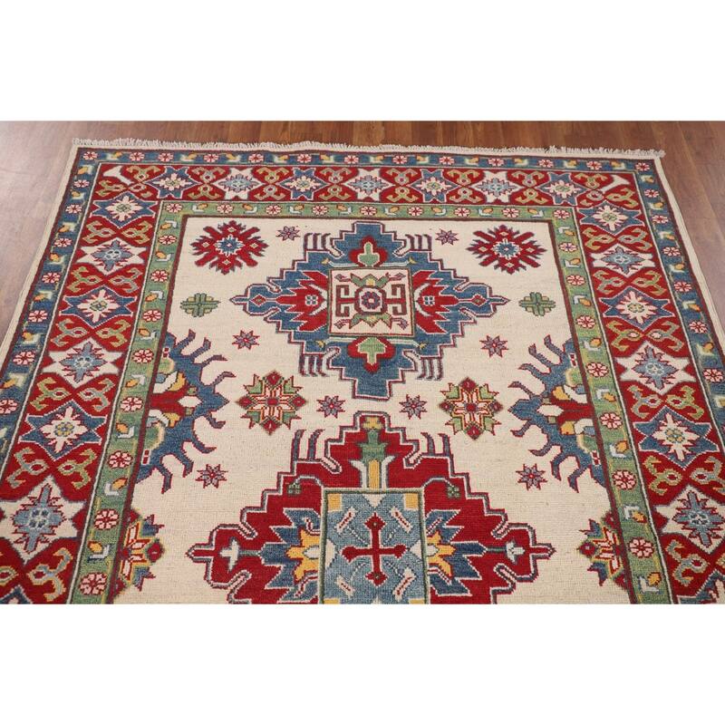 Kazak Oriental Area Rug Handmade Geometric Beige Wool Carpet - 5'0" x 7'3"