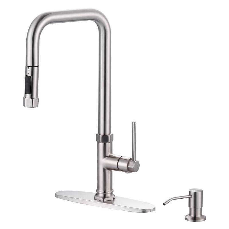 WOWOW Pull Down Sprayer Kitchen Faucet with Soap Dispenser - with soap dispenser - Brushed Nickel