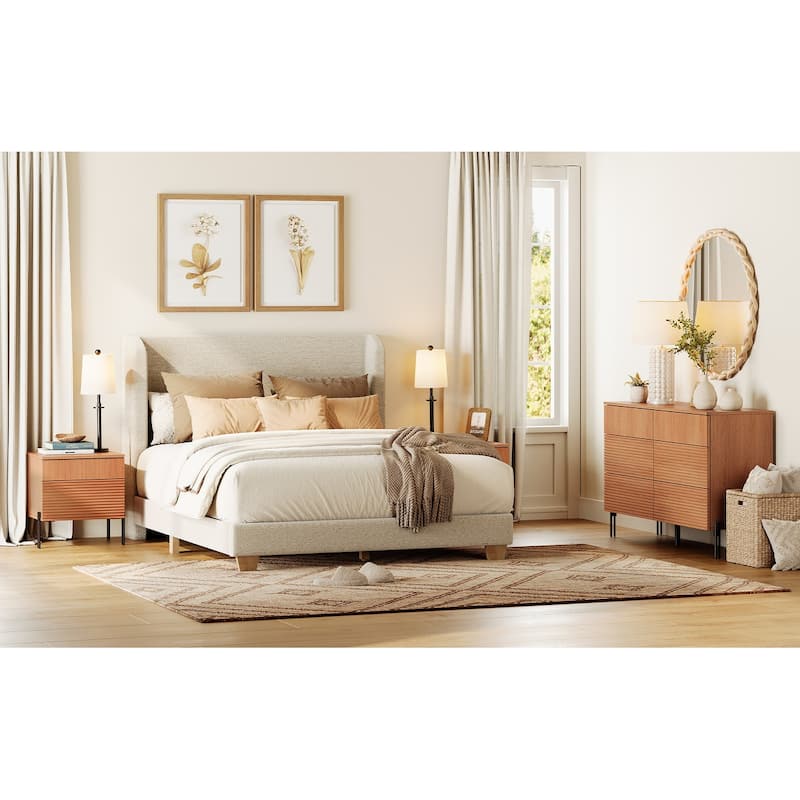 WAMPAT 3-Piece Modern Bedroom Set, 47" Fluted Dresser with 6 Drawers & 2 Nightstands with Charging Station, Oak