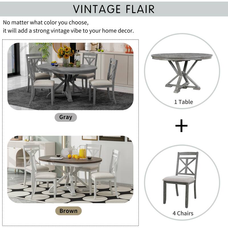 5-Piece Round to Oval Wooden Dining Table Set Kitchen Table Set with Extendable Round Table and 4 Upholstered Chairs