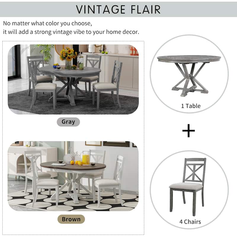 Retro 5-Piece Dining Table Set with Extendable Round Table and Upholstered Chairs for Dining Room