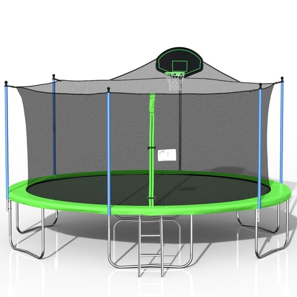 slide 2 of 8, 16ft. Green Trampoline with Ladder and Safety Net