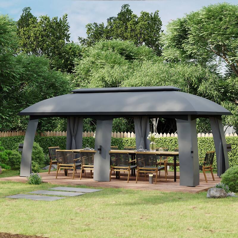 118" x 236" Dark Grey Outdoor Gazebo with Mesh Netting and Two-Tier Roof Included Stakes - 118" L x 236.25" W x 109.5" H