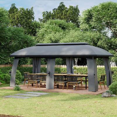 118" x 236" Dark Grey Outdoor Gazebo with Mesh Netting and Two-Tier Roof Included Stakes - 118" L x 236.25" W x 109.5" H