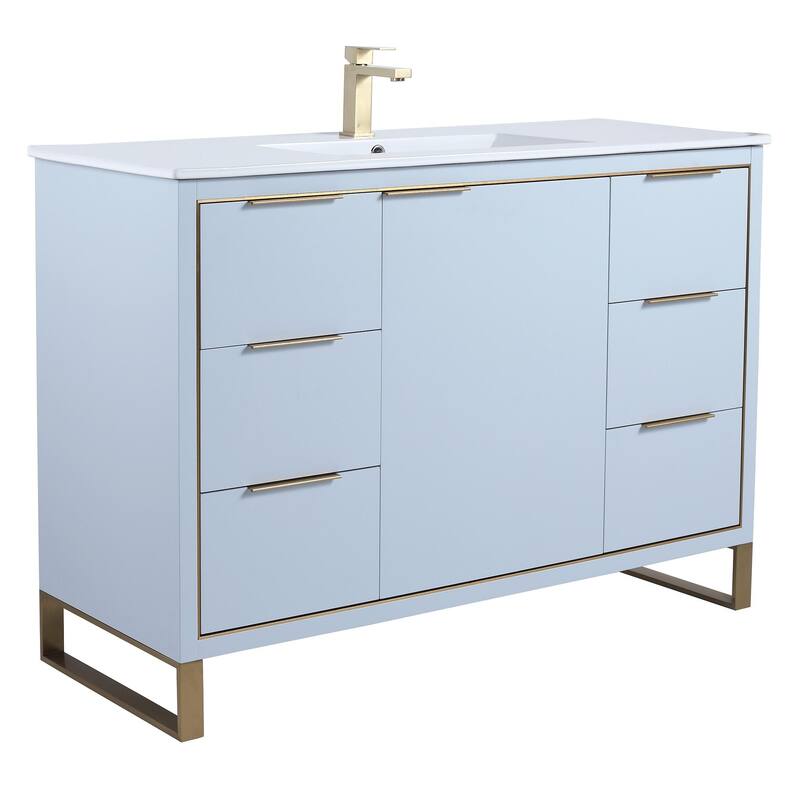 Fine Fixtures Opulence Collection Bathroom Vanity with White Ceramic Sink - 48 Inch - Patel Blue - Satin Brass Hardware