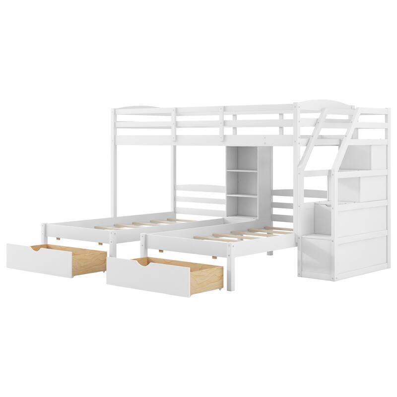 Roomfitters Twin Over Twin and Twin Triple Bunk Bed with Drawers and Storage Shelves